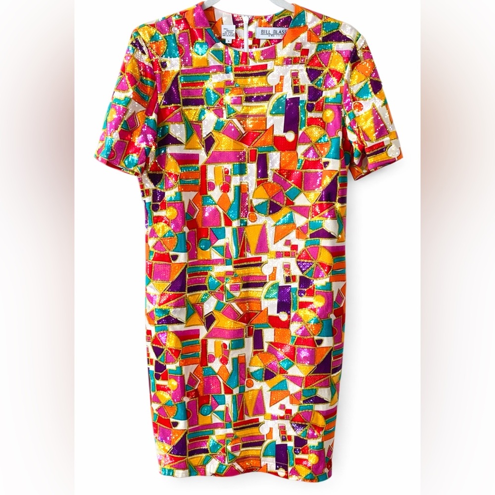 Vintage 60s Bill Blass Beaded Mod Geometric Silk Shift Dress Colorful